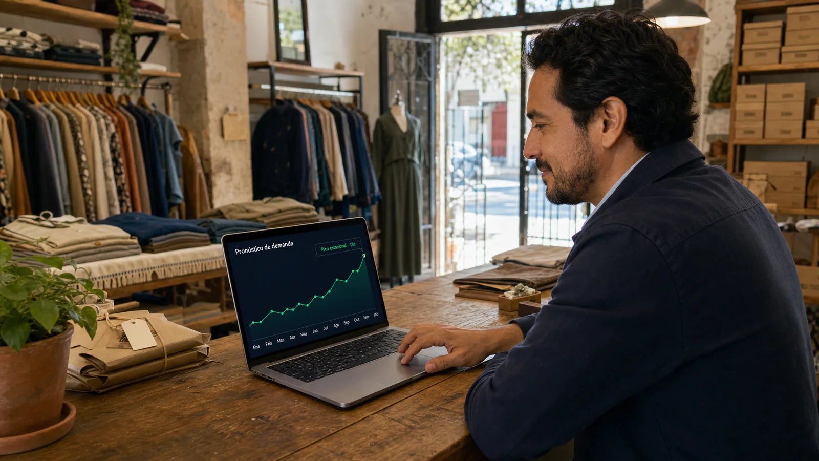 Dueño de una PyME mexicana revisando su pronóstico de demanda en laptop