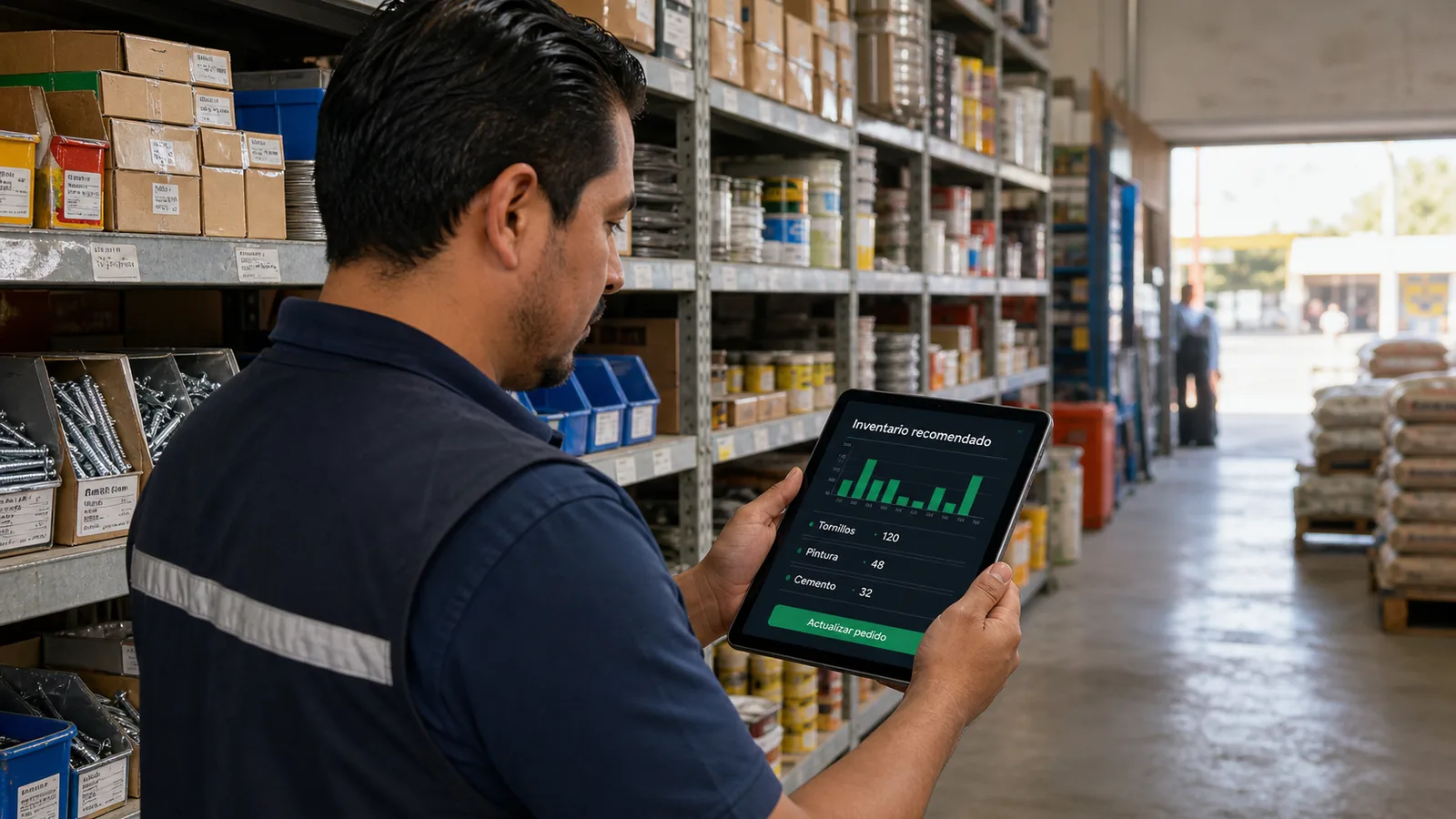 Empleado de una PyME mexicana revisando el inventario recomendado en tablet